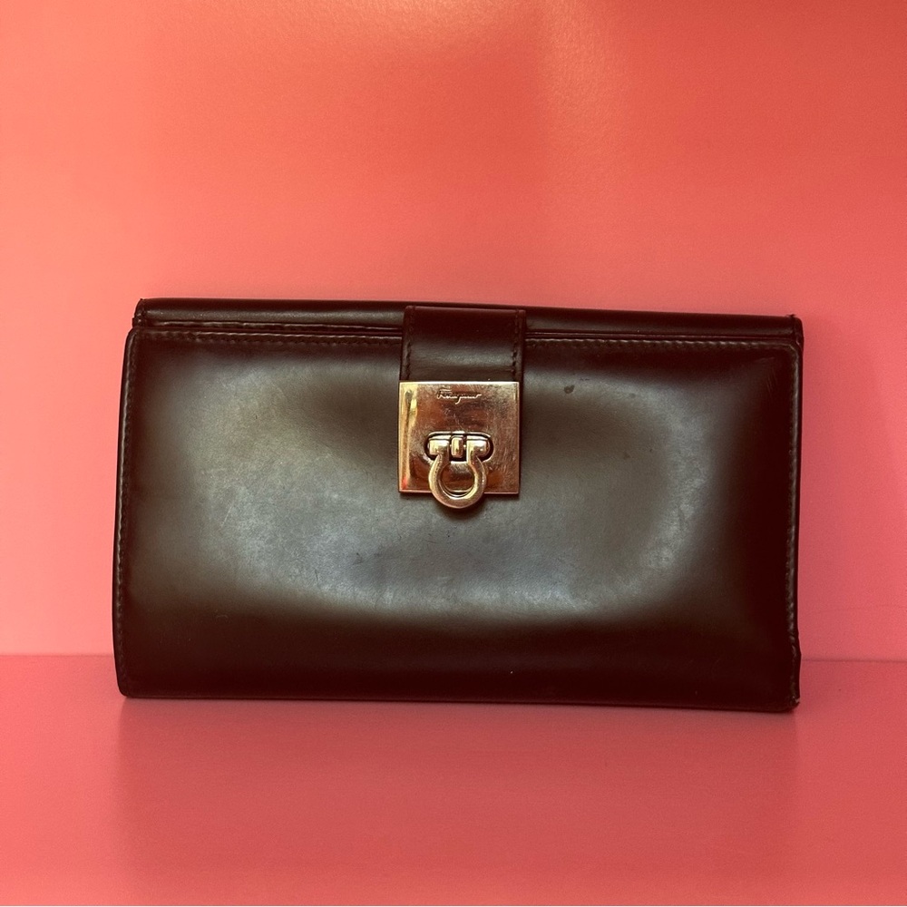 Salvatore Ferragamo Black Leather Wallet with Gold Hardware
